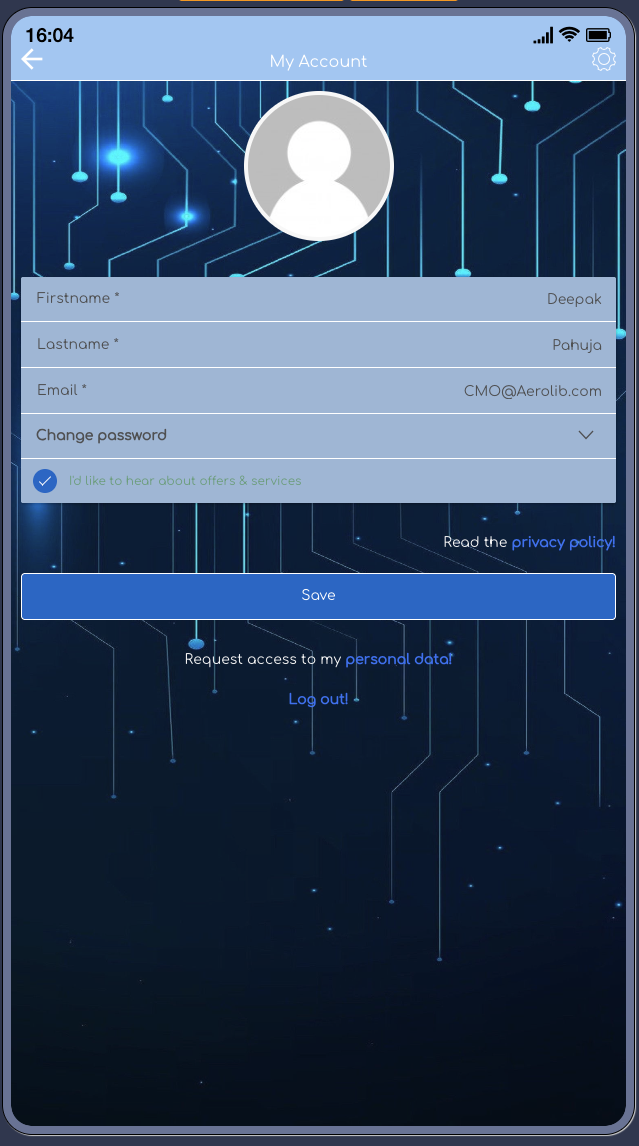 My Account screen showing profile fields for first name, last name, email, change password option, and a Save button