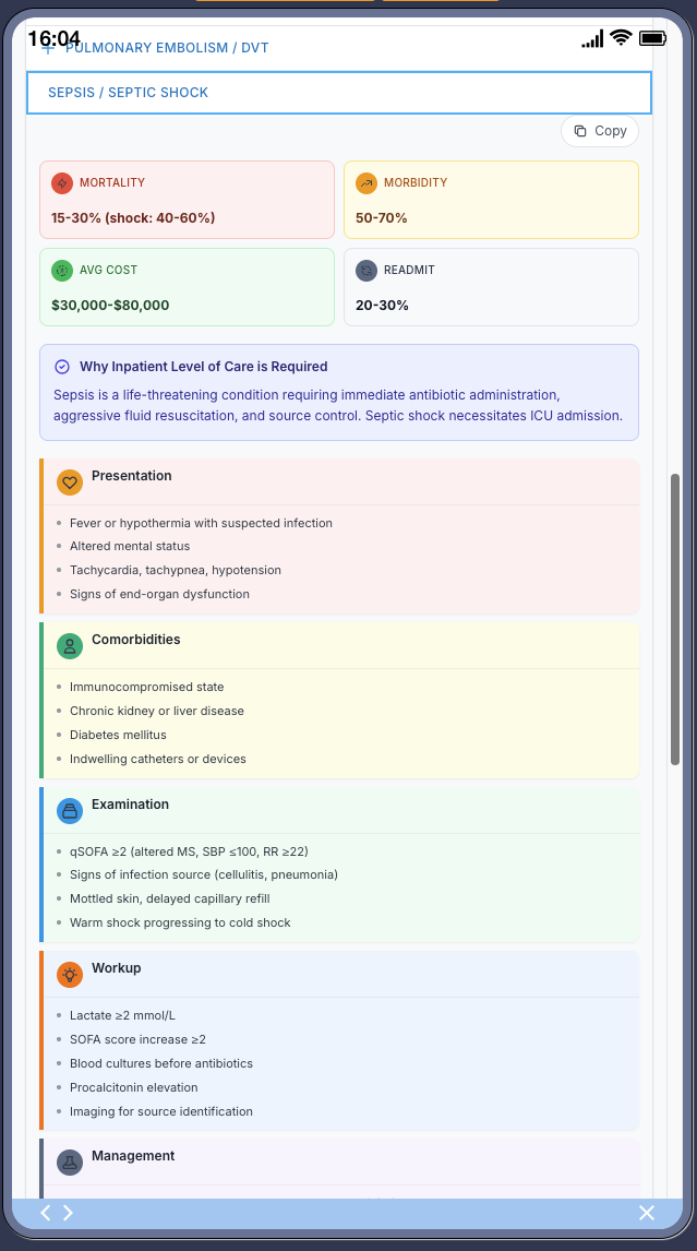 Condition detail view for Sepsis / Septic Shock showing KPIs, inpatient care rationale, presentation criteria, comorbidities, examination, workup, and management