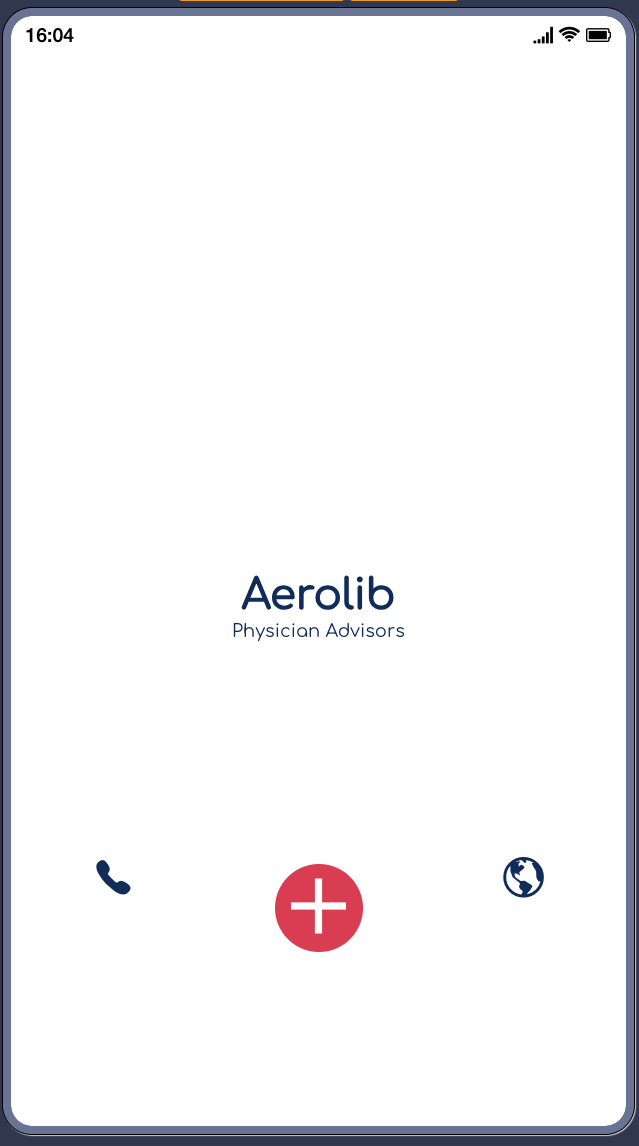 Aerolib Physician Advisors home screen showing the app logo with phone, add, and web navigation buttons at the bottom