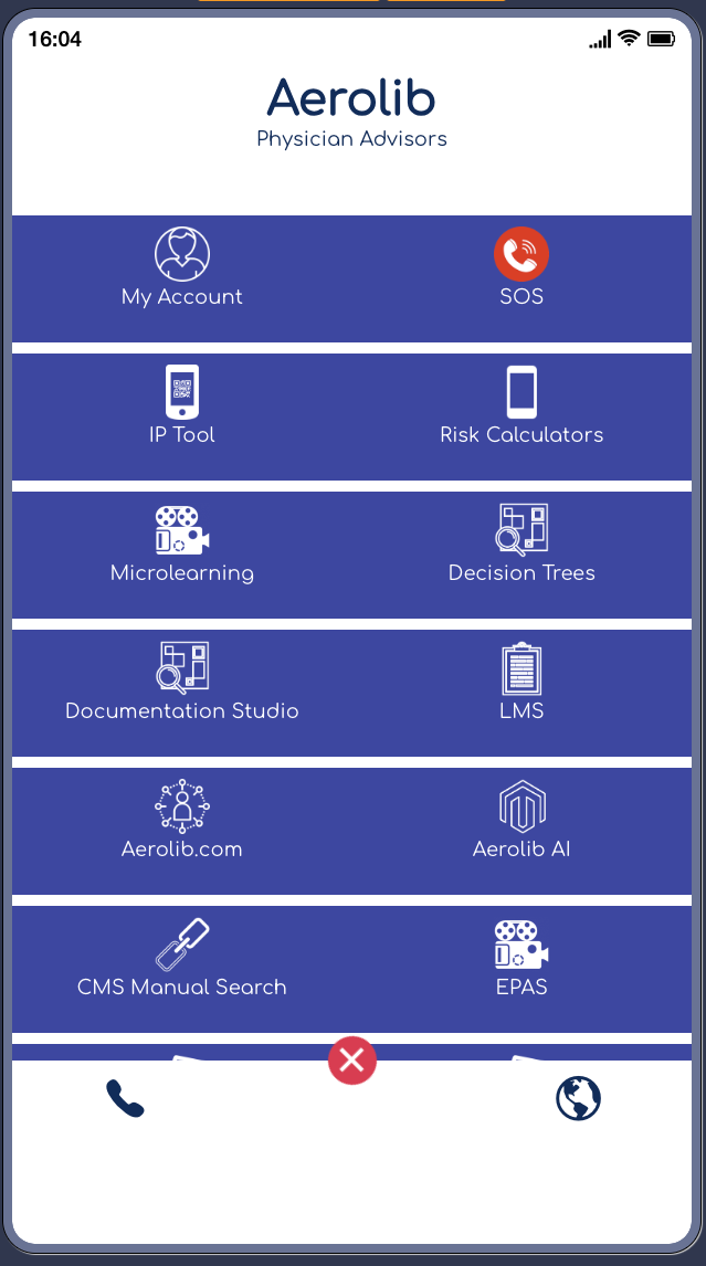 Aerolib main menu displaying all tools including My Account, SOS, IP Tool, Risk Calculators, Documentation Studio, LMS, and more